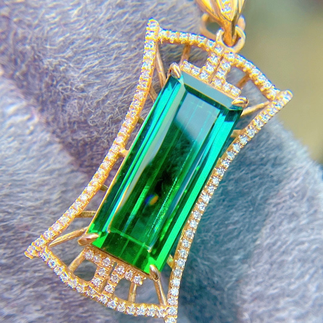 14k Gold 6.6 Ct Natural Tourmaline & Diamond Pendant( Without Chain ) - 6