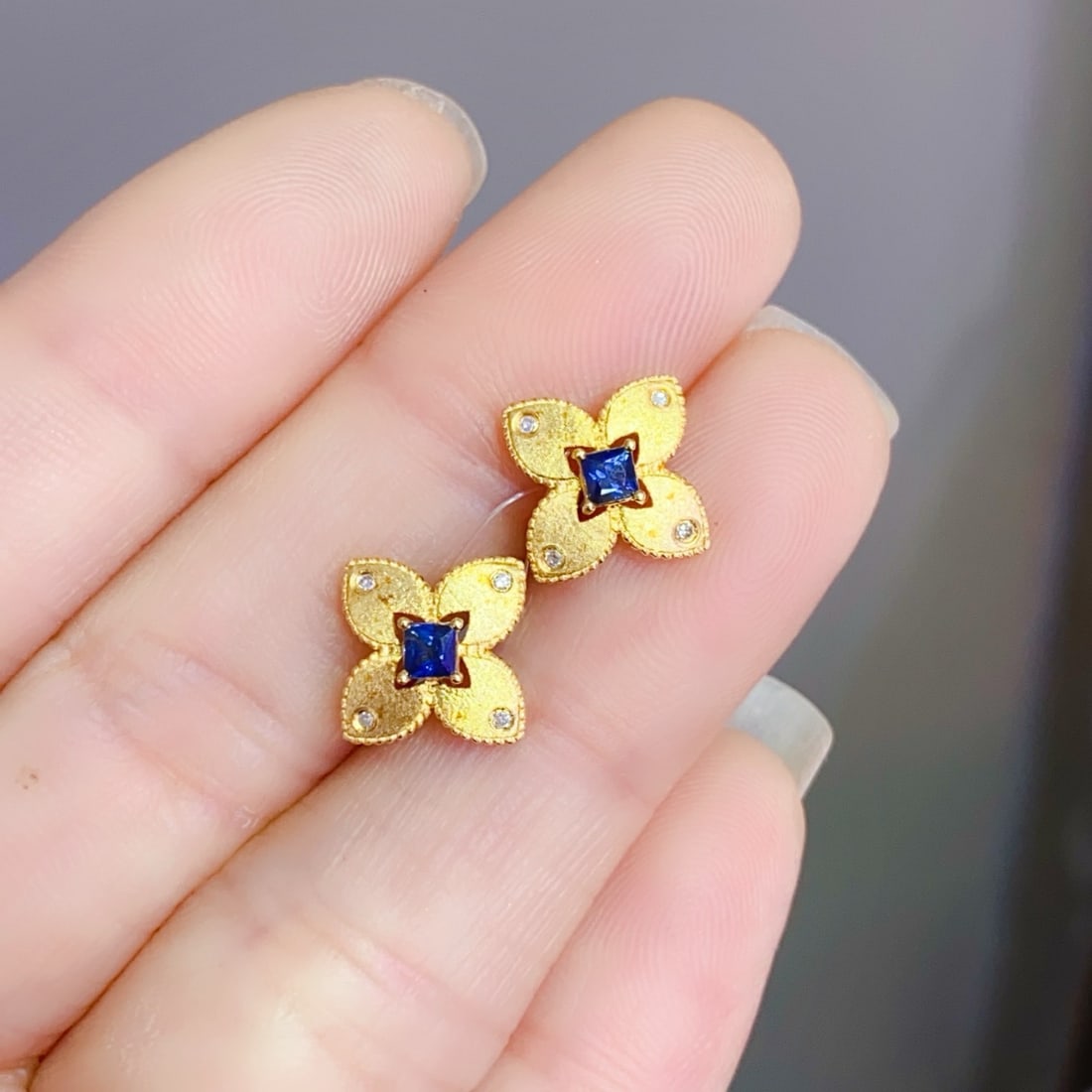 14k Gold 0.45 Ct Natural Sapphire & Diamond Earrings - 2