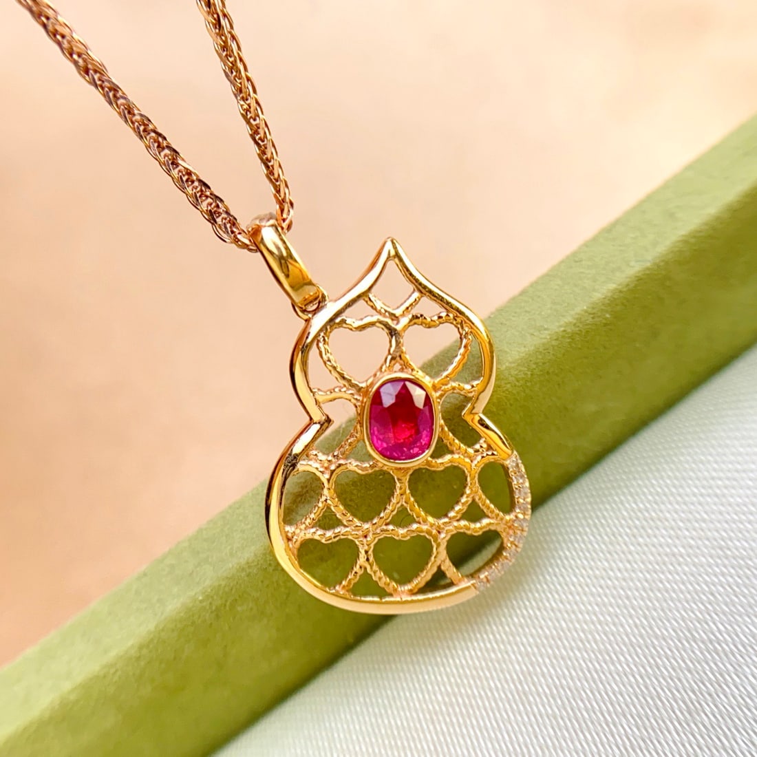 14k Gold 0.40 Ct Natural Ruby & Diamond Pendant( Without Chain ) - 2