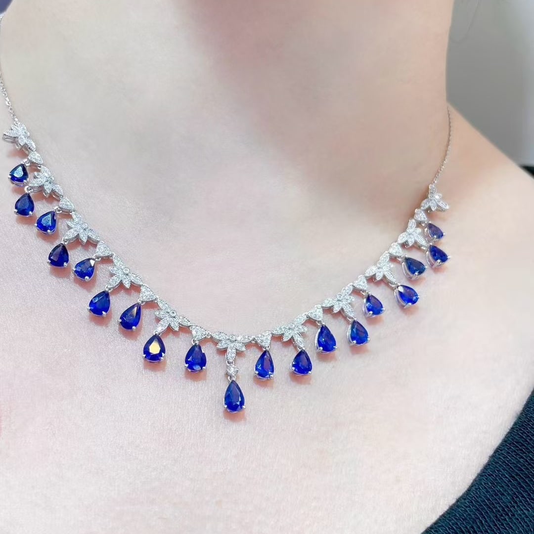 14k Gold 7.00 Ct Natural Sapphire & Diamond Necklace - 6
