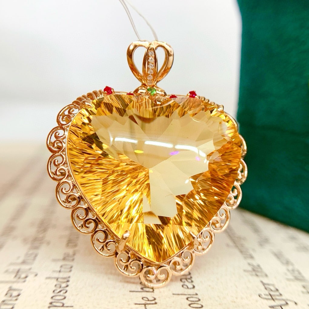 14k Gold 32.90 Ct Natural Citrine & Diamond Pendant( Without Chain ) - 3