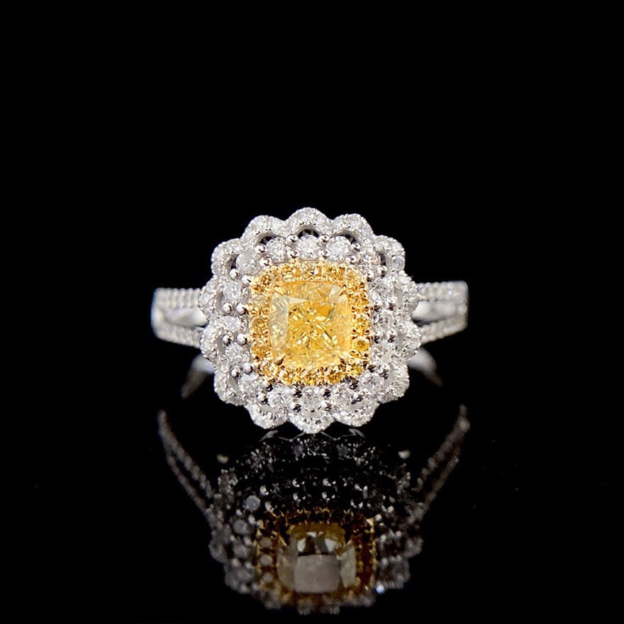 14k Gold 0.98 Ctw Natural Yellow Diamond & Diamond Ring: Ref:231093037 // gold content:14k gold // ring size:7. 25us // // main gemstone:yellow diamond // shape:cushion // carat weight:0. 50ct // color:yellow // treatment:natural // // adjacent gemstone 2