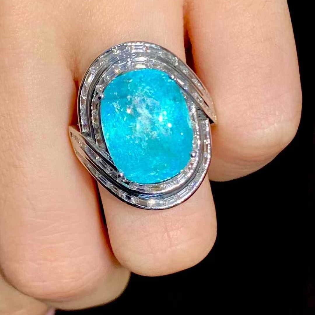 14k Gold 10.73 Ct Natural Paraiba Tourmaline & Diamond Ring - 4