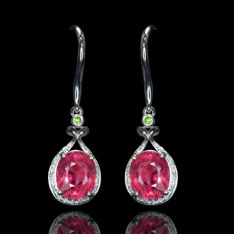 14k Gold 3.48 Ctw Natural Tourmaline & Diamond & Tsavorite Earrings: Ref:231093046 // gold content:14k gold // main gemstone:tourmaline // shape:oval // carat weight:3. 45ct // color:red // treatment:natural // // adjacent gemstone 2 : diamond // number of stones:38