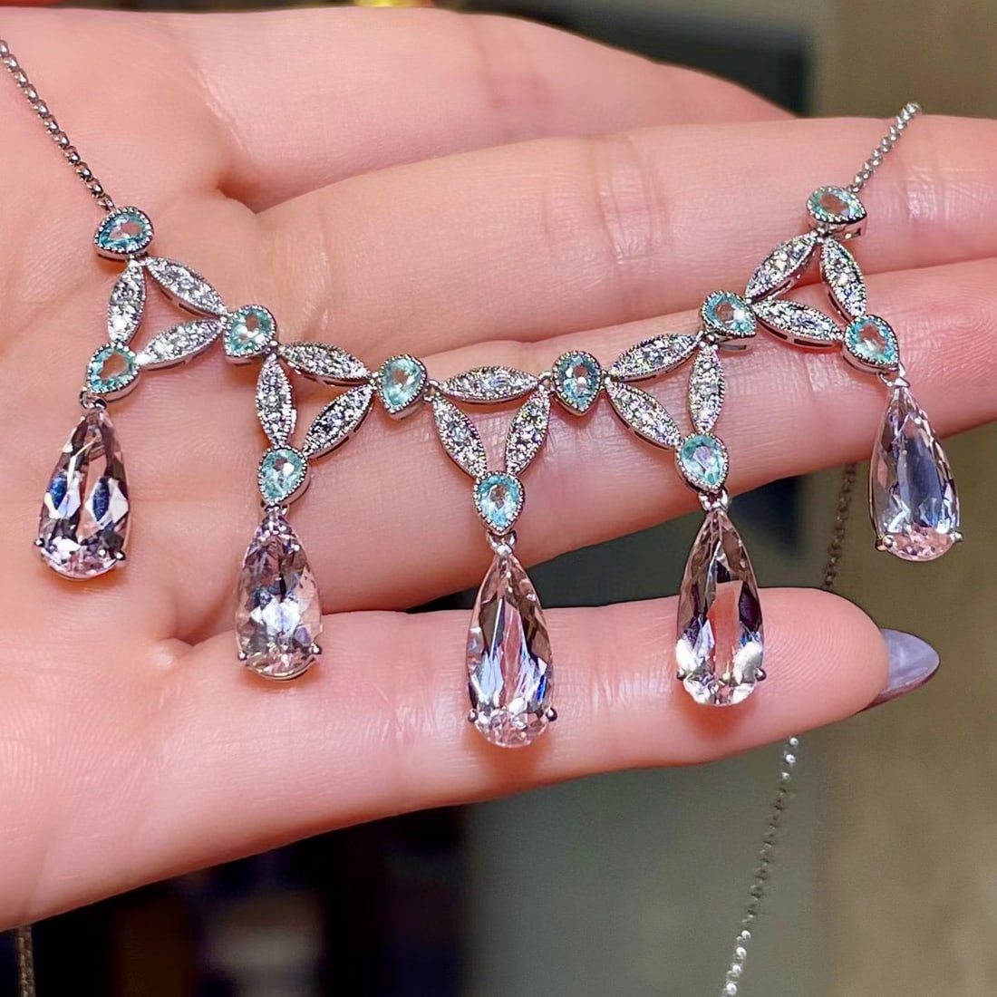 14k Gold 10.27 Ctw Natural Morganite & Paraiba Tourmaline Necklace - 2