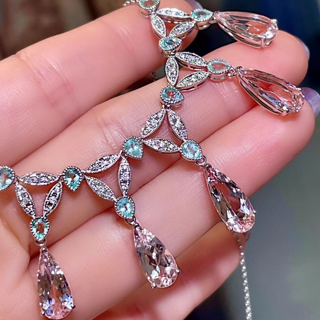 14k Gold 10.27 Ctw Natural Morganite & Paraiba Tourmaline Necklace - 3