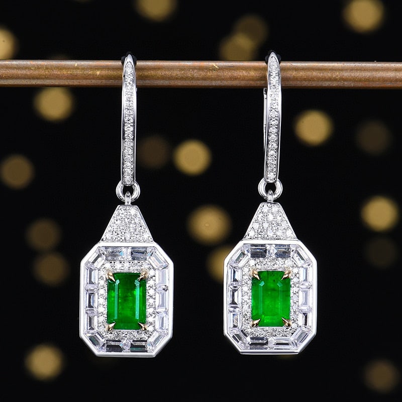 14k Gold 1.56 Ctw Natural Emerald & Diamond Earrings: Ref:231093058 // gold content:14k gold // main gemstone:emerald // shape:octagonal // carat weight:1. 3ct // color:green // treatment:natural // // adjacent gemstone 2 : diamond // number of stones:13