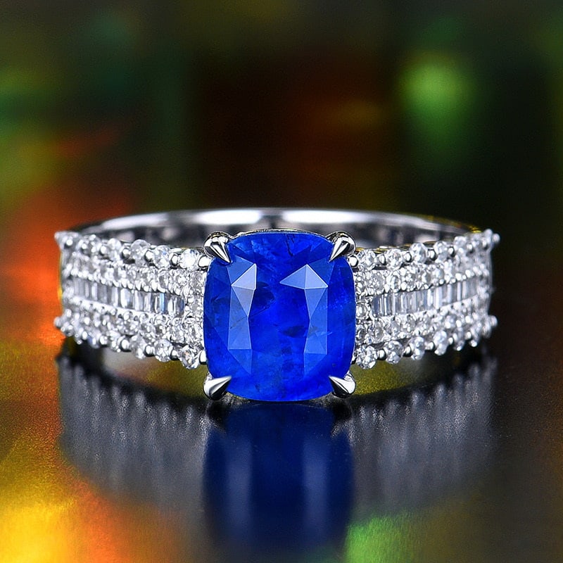 14k Gold 2.94 Ctw Natural Sapphire & Diamond Ring: Ref:231093062 // gold content:14k gold // ring size:7. 25us // // main gemstone:sapphire // shape:cushion // carat weight:2. 56ct // color:blue // treatment:natural // // adjacent gemstone 2 : diamond