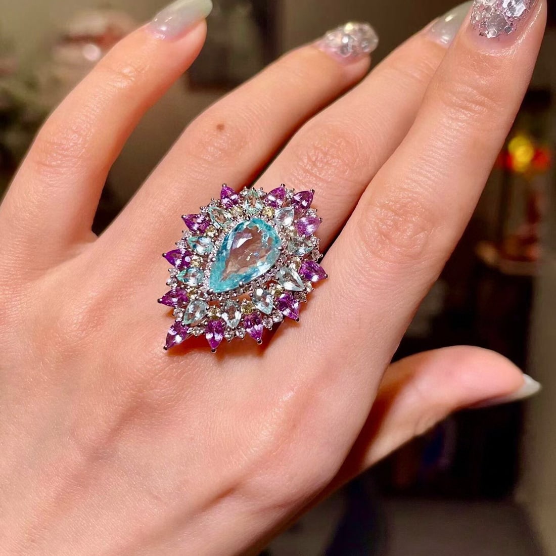 14k Gold 4.42 Ctw Natural Paraiba Tourmaline & Sapphire Ring - 2
