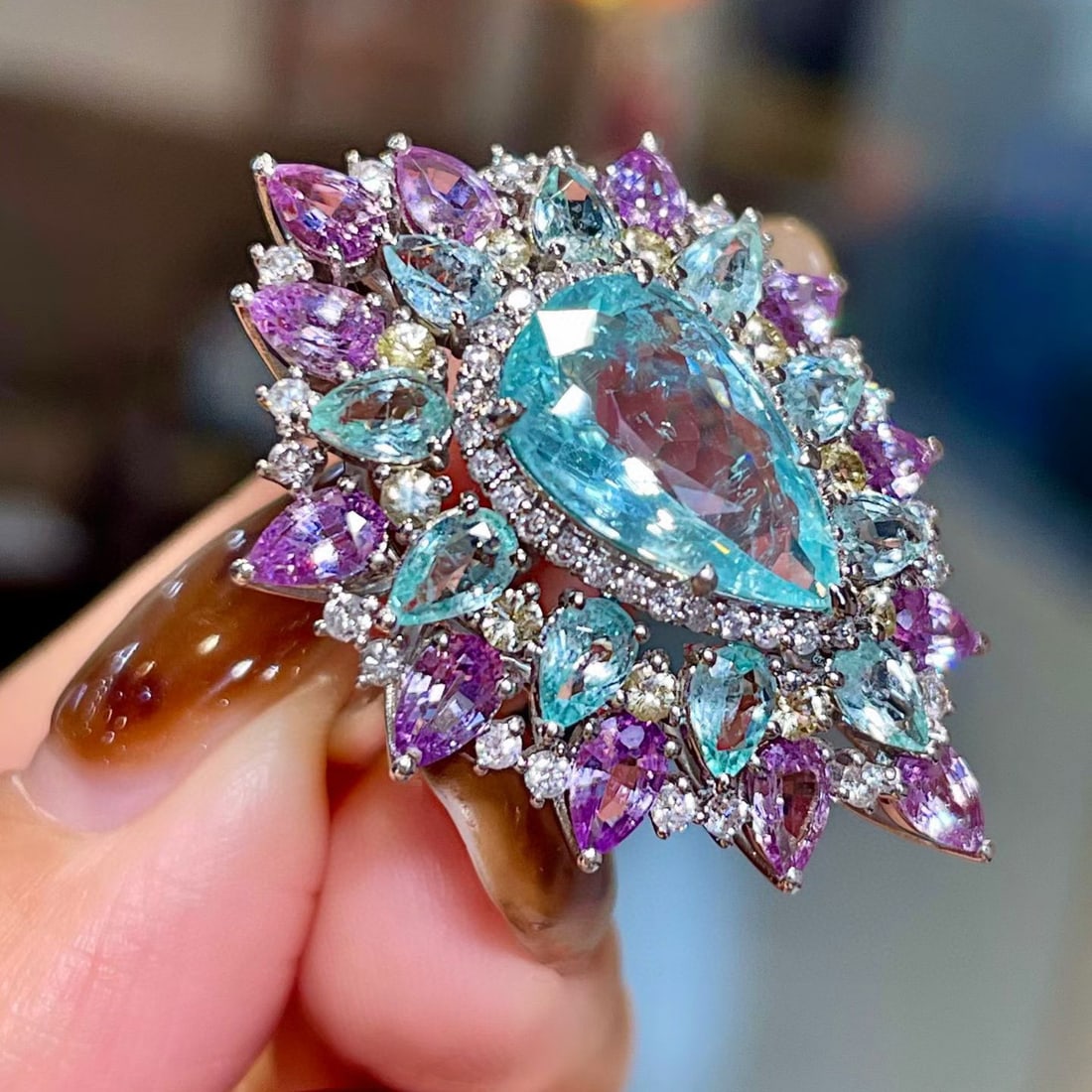 14k Gold 4.42 Ctw Natural Paraiba Tourmaline & Sapphire Ring - 3