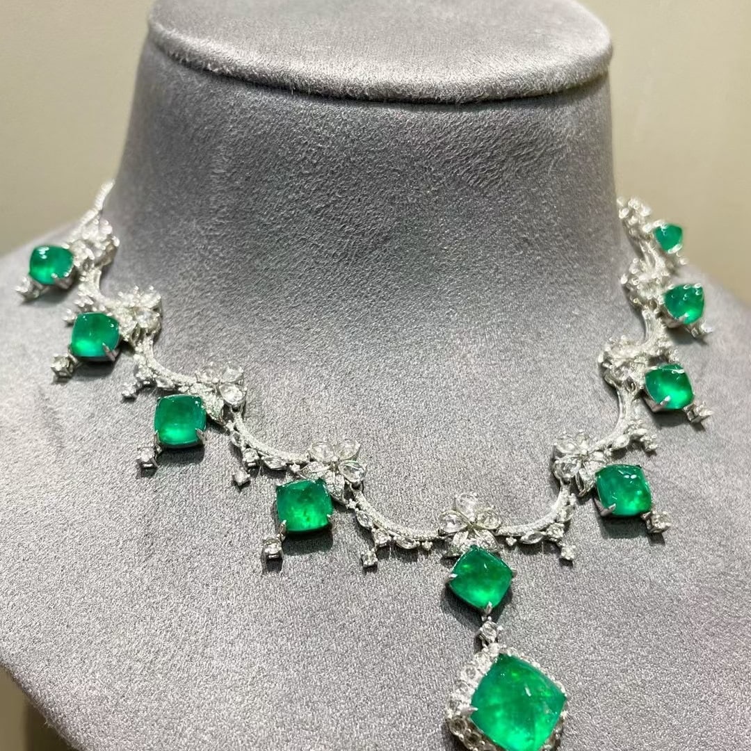 14k Gold 15.08 Ct Natural Emerald & Diamond & Sapphire Necklace - 3