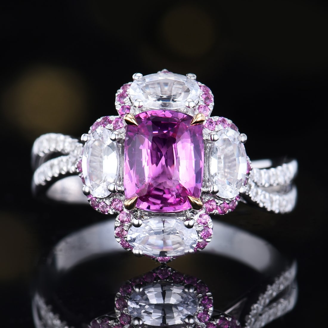 14k Gold 1.66 Ctw Natural Sapphire & Diamond Ring: Ref:231093107 // gold content:14k gold // ring size:7. 25us // // main gemstone:sapphire // shape:cushion // carat weight:1. 53ct // color:pink // treatment:natural // // adjacent gemstone 2 : diamond