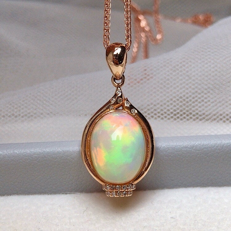 14k Gold 3.50 Ct Natural Opal & Diamond Pendant( Without Chain ) - 4