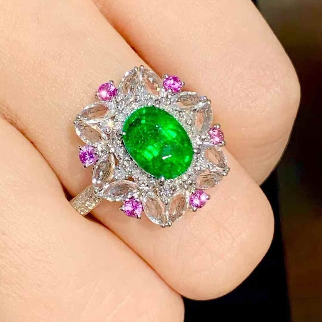 14k Gold 1.65 Ct Vivid Green Natural Tsavorite & Diamond Ring - 6