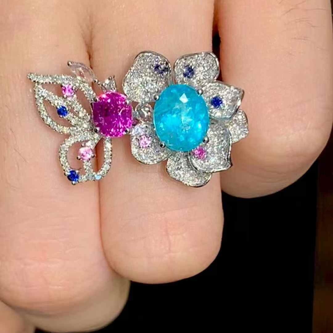 14k Gold 2.5 Ct Natural Paraiba Tourmaline & Sapphire & Diamond Ring - 4