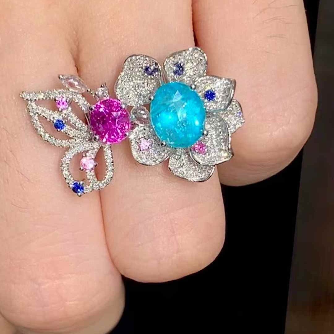 14k Gold 2.5 Ct Natural Paraiba Tourmaline & Sapphire & Diamond Ring - 5