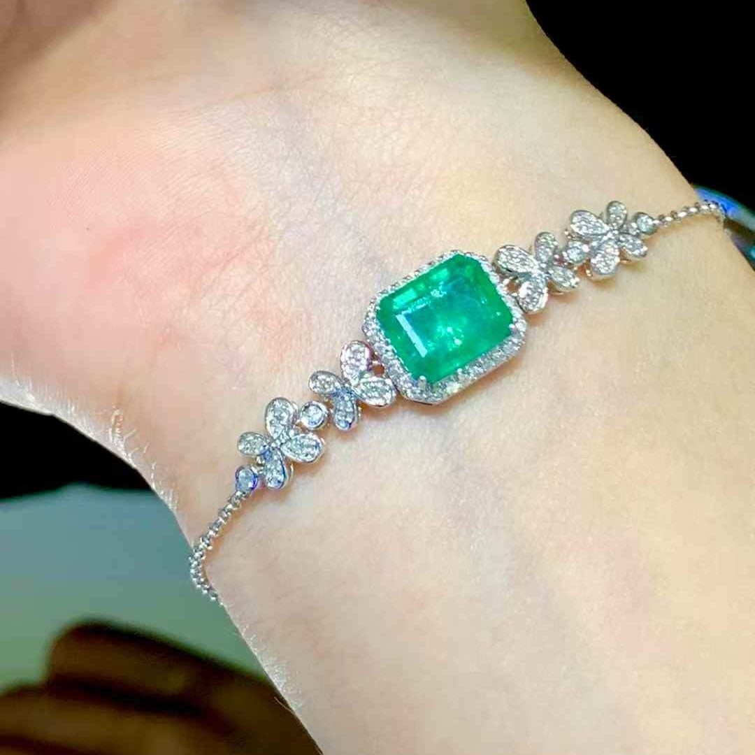 14k Gold 2.6 Ct Natural Emerald & Diamond Bracelet - 5