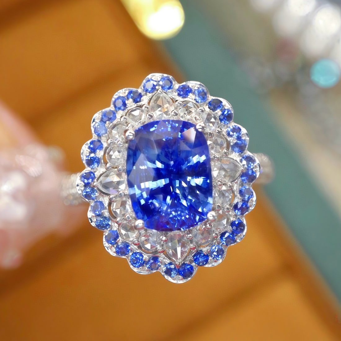 14k Gold 2.93 Ctw Natural Sapphire & Diamond Ring: Ref:231093143 // gold content:14k gold // ring size:7. 25us // // main gemstone:sapphire // shape:cushion // carat weight:2. 55ct // color:blue // treatment:natural // // adjacent gemstone 2 : diamond