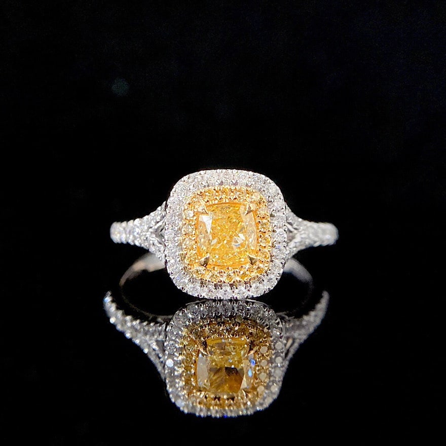14k Gold 0.92 Ctw Natural Yellow Diamond & Diamond Ring: Ref:231093163 // gold content:14k gold // ring size:7. 25us // // main gemstone:yellow diamond // shape:cushion // carat weight:0. 58ct // color:yellow // treatment:natural // // adjacent gemstone 2