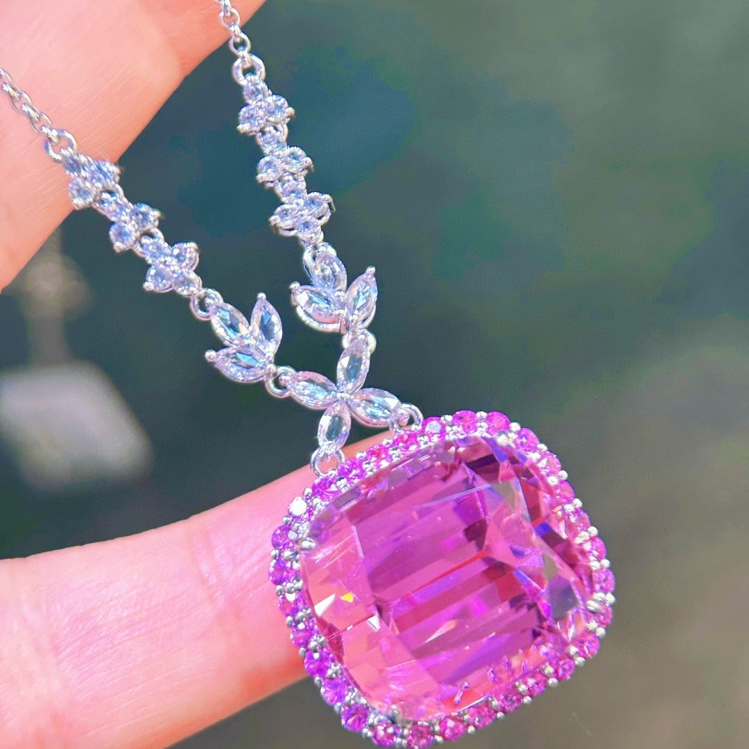 14k Gold 34.84 Ctw Natural Kunzite & Sapphire Necklace - 2