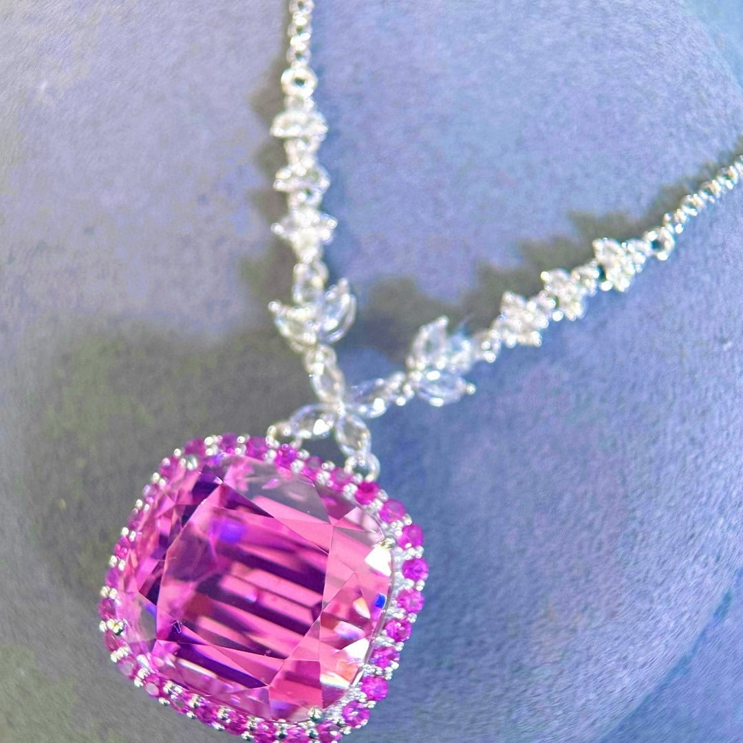 14k Gold 34.84 Ctw Natural Kunzite & Sapphire Necklace - 4