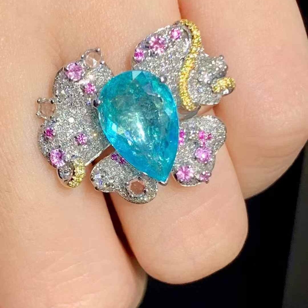 14k Gold 3.4 Ct Natural Paraiba Tourmaline & Diamond Ring - 6