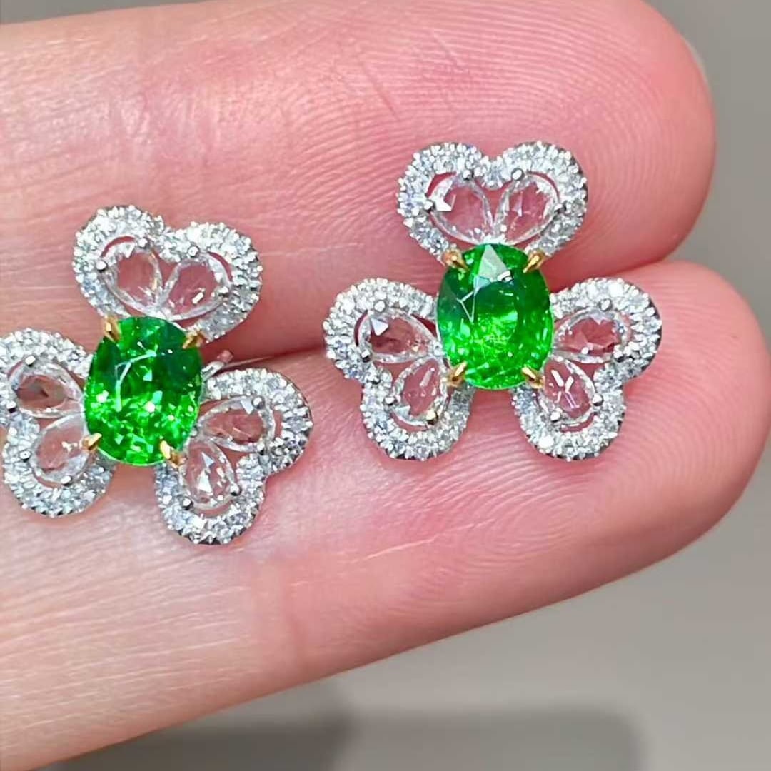14k Gold 1.26 Ct Vivid Green Natural Tsavorite & Diamond & Sapphire Earrings - 2