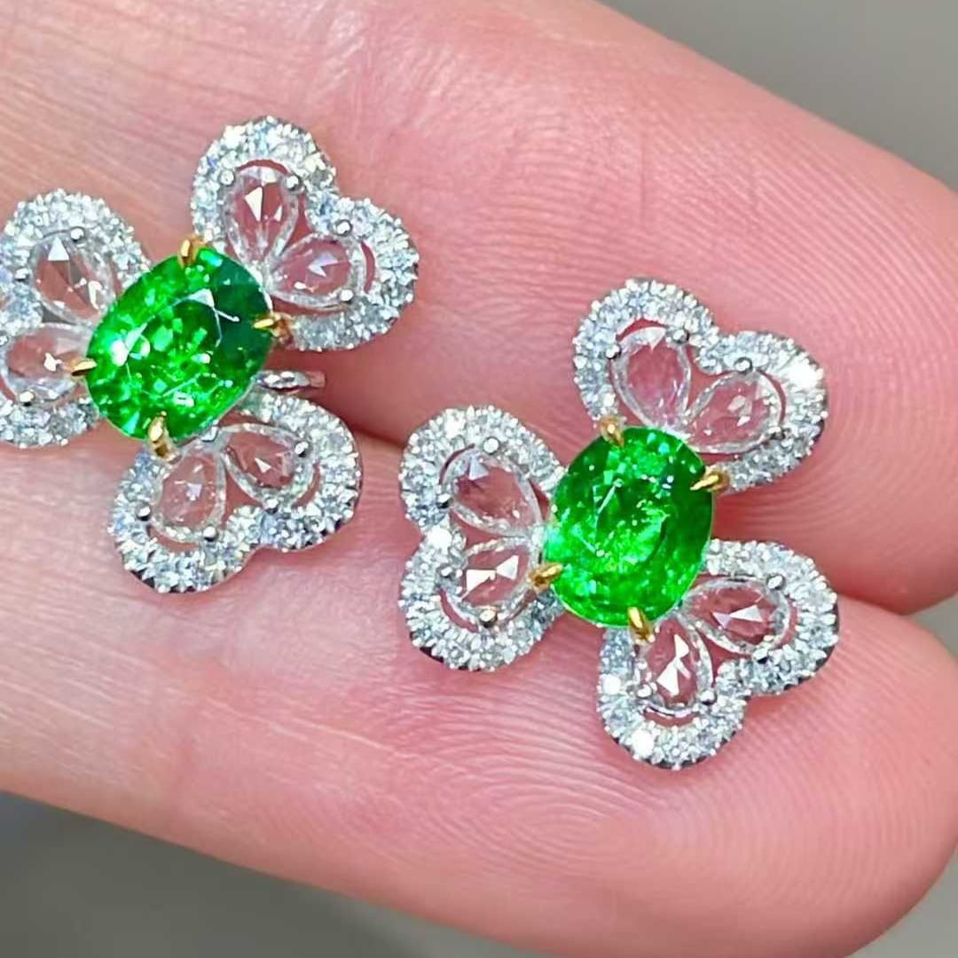 14k Gold 1.26 Ct Vivid Green Natural Tsavorite & Diamond & Sapphire Earrings - 3