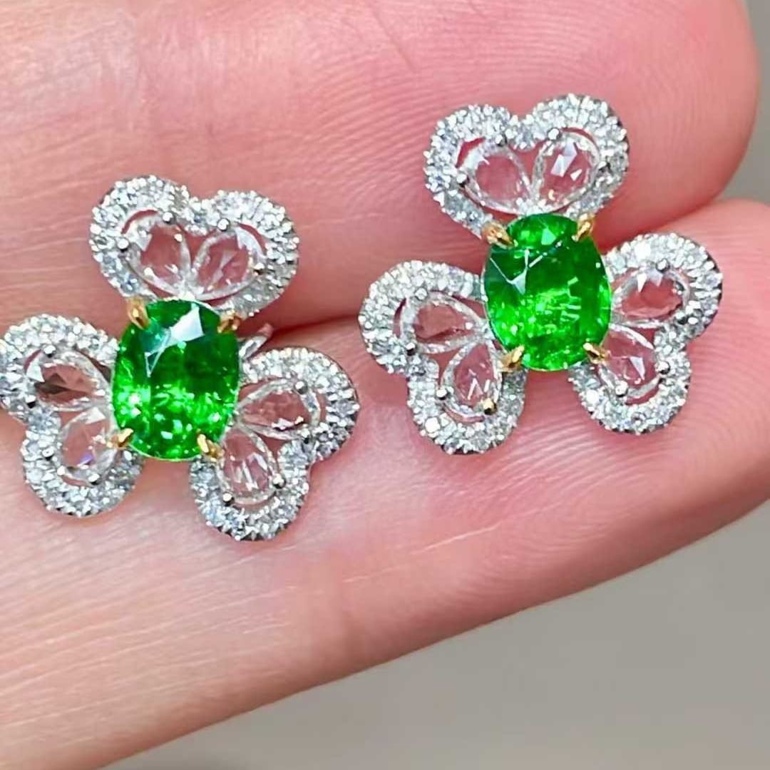 14k Gold 1.26 Ct Vivid Green Natural Tsavorite & Diamond & Sapphire Earrings - 4