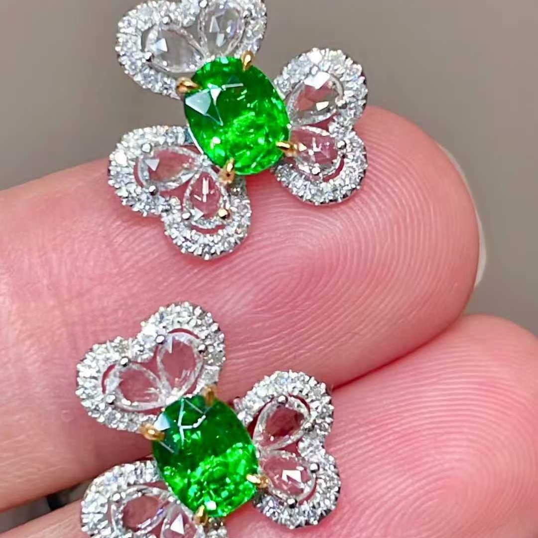 14k Gold 1.26 Ct Vivid Green Natural Tsavorite & Diamond & Sapphire Earrings - 6