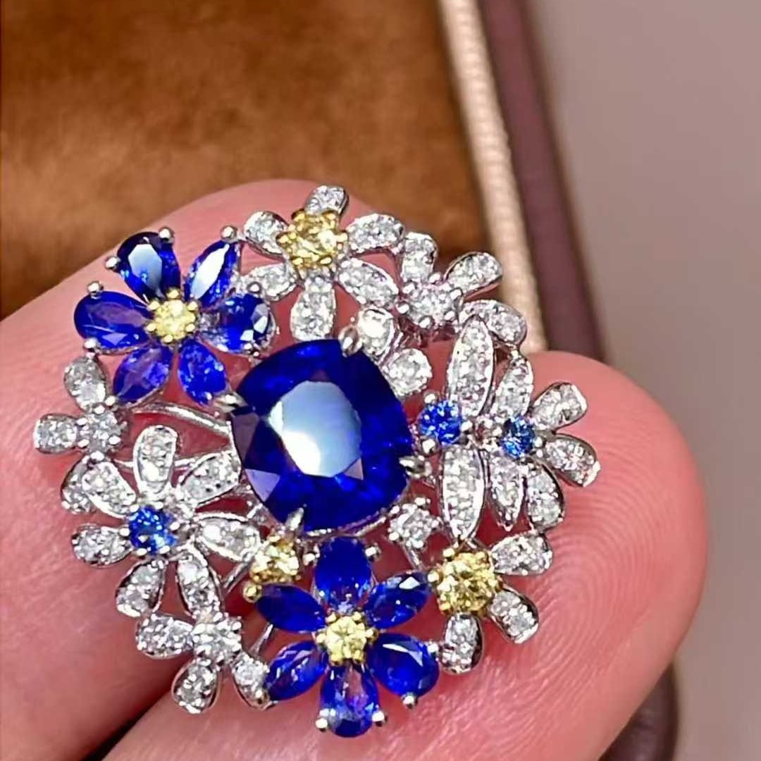 14k Gold 1.48 Ct Natural Sapphire & Diamond & Sapphire Pendant( Without Chain ) - 3