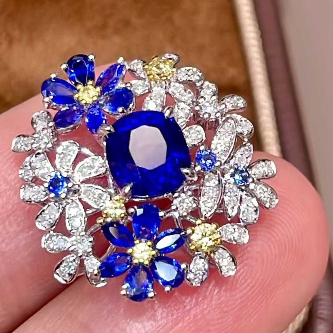 14k Gold 1.48 Ct Natural Sapphire & Diamond & Sapphire Pendant( Without Chain ) - 4