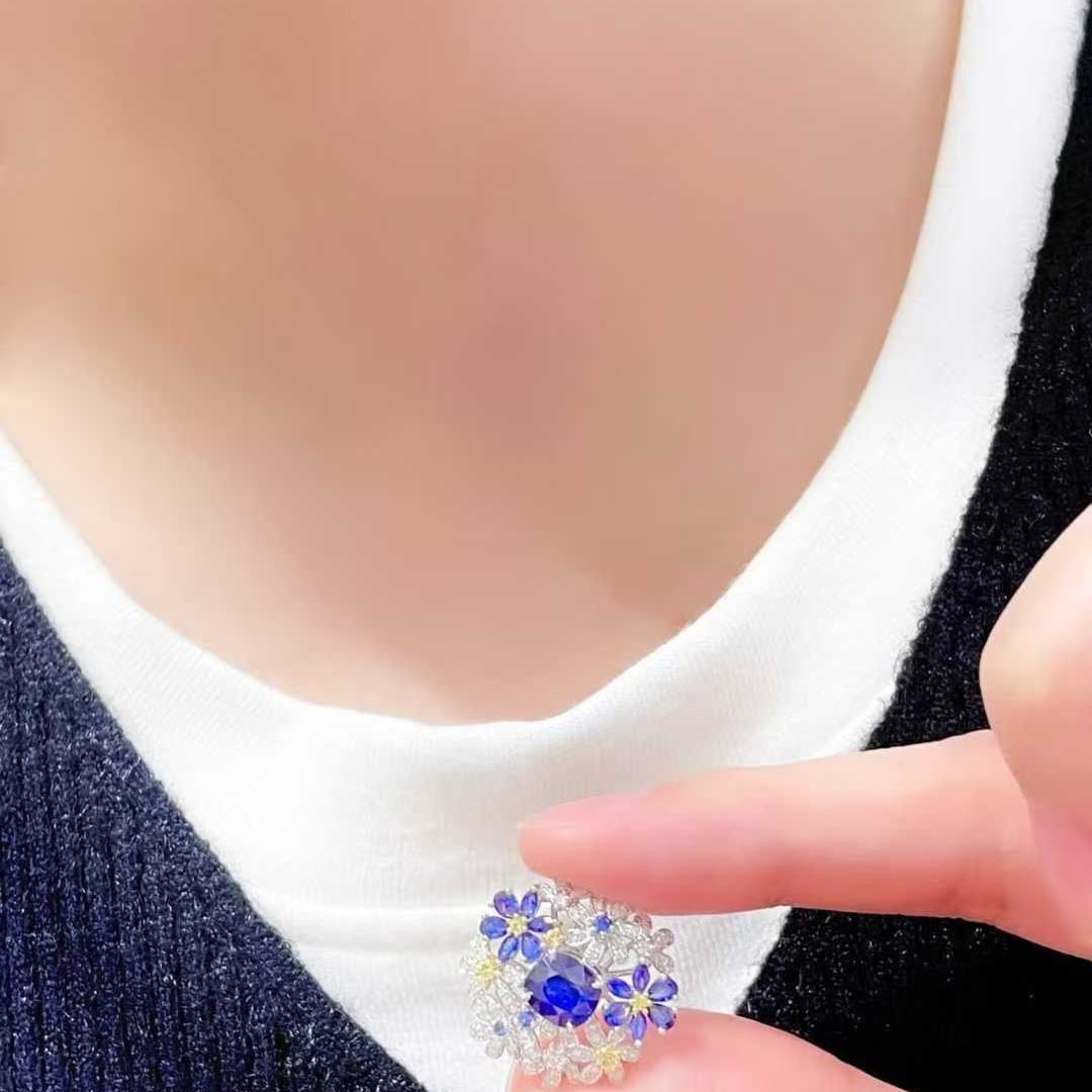 14k Gold 1.48 Ct Natural Sapphire & Diamond & Sapphire Pendant( Without Chain ) - 6