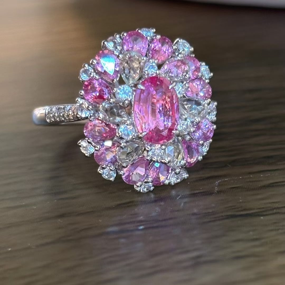 14k Gold 2.02 Ct Natural Padparadscha Sapphire & Diamond Ring: Ref:231093187 // gold content:14k gold // ring size:7. 25us // // main gemstone:padparadscha sapphire // shape:multiple // carat weight:2. 02ct // color:orangish pink // treatment:natural // // adjace