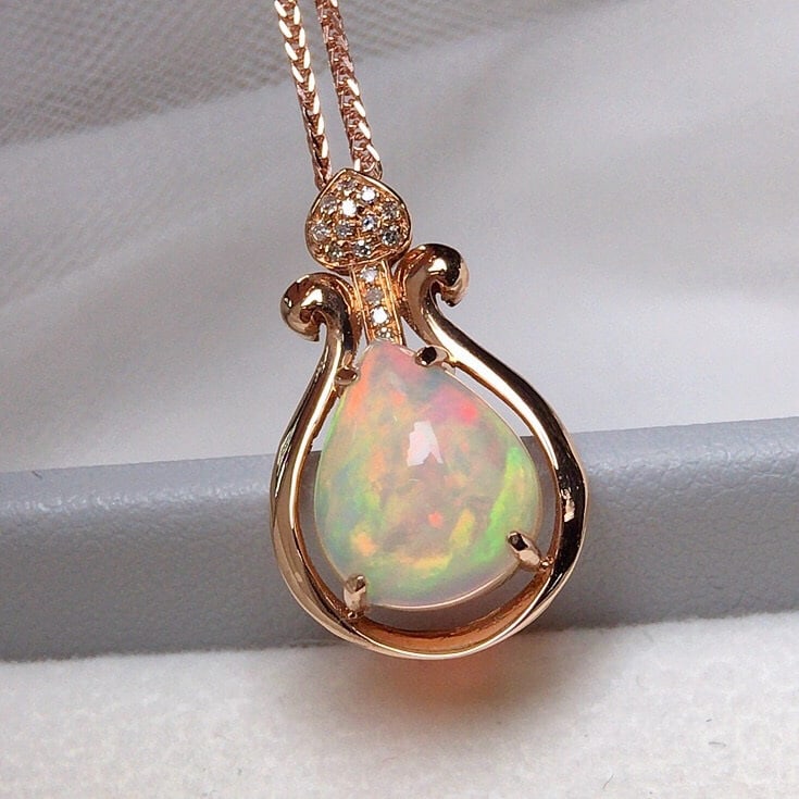 14k Gold 2.10 Ct Natural Opal & Diamond Pendant( Without Chain ) - 2