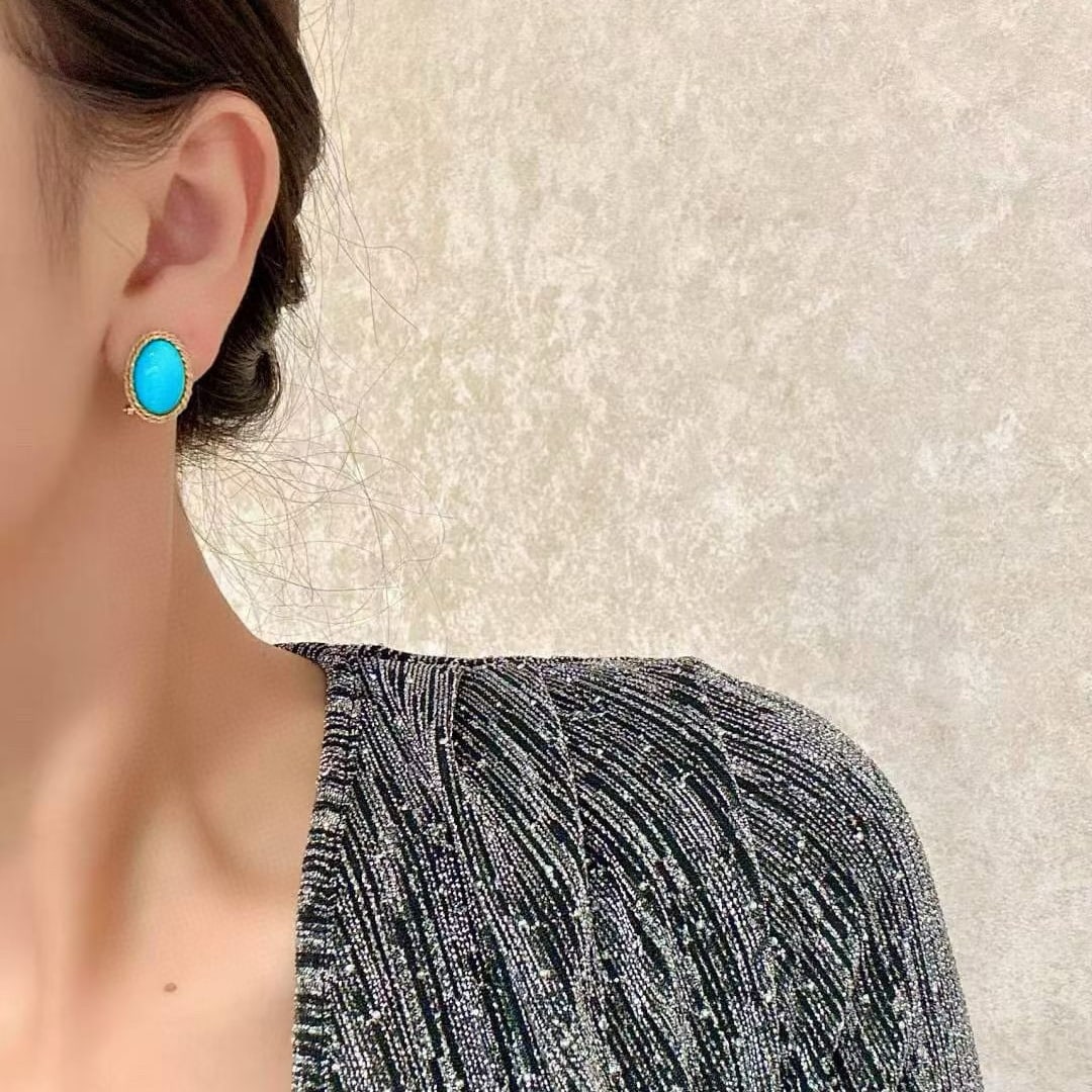 14k Gold 7.83 Ct Natural Blue Turquoise Earrings - 2