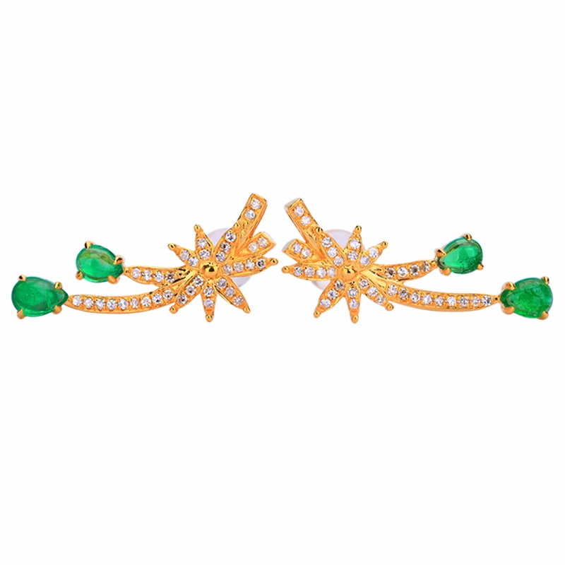14k Gold 1.07 Ctw Vivid Green Natural Emerald & Diamond Earrings: Ref:231093232 // gold content:14k gold // main gemstone:emerald // shape:pear // carat weight:0. 86ct // color:vivid green // treatment:natural // // adjacent gemstone 2 : diamond // number of