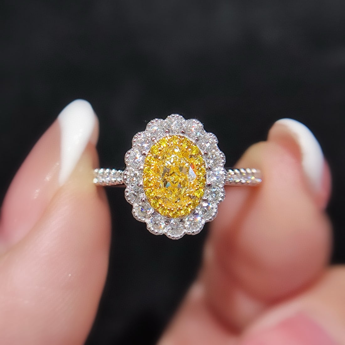 14k Gold 0.95 Ctw Natural Yellow Diamond & Diamond Ring: Ref:231093251 // gold content:14k gold // ring size:7. 25us // // main gemstone:yellow diamond // shape:oval // carat weight:0. 53ct // color:yellow // treatment:natural // // adjacent gemstone 2 : di