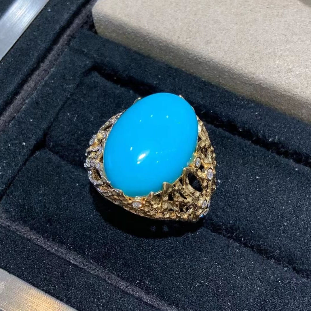 14k Gold 10.85 Ct Natural Blue Turquoise & Diamond Ring - 3
