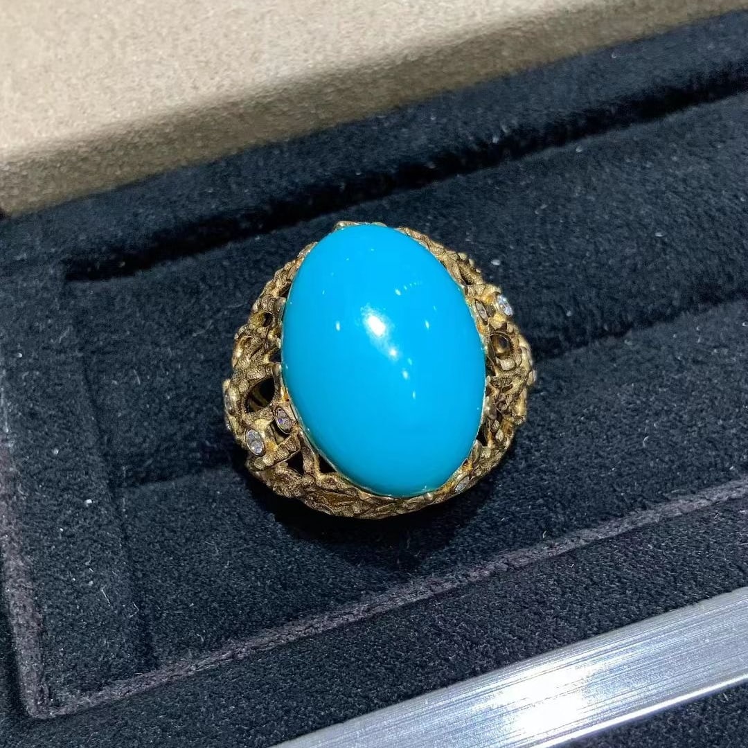 14k Gold 10.85 Ct Natural Blue Turquoise & Diamond Ring - 4