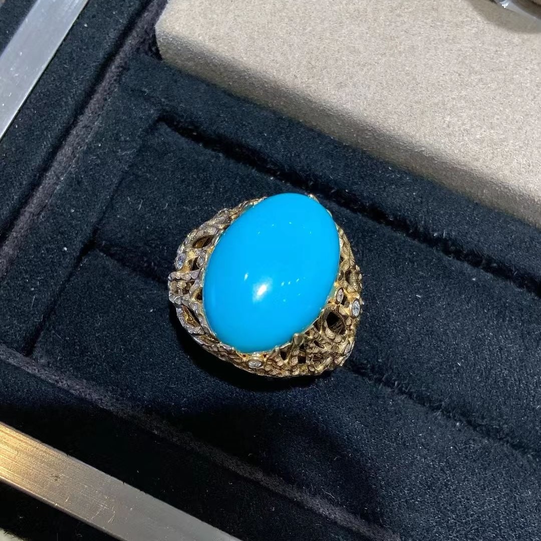 14k Gold 10.85 Ct Natural Blue Turquoise & Diamond Ring - 5