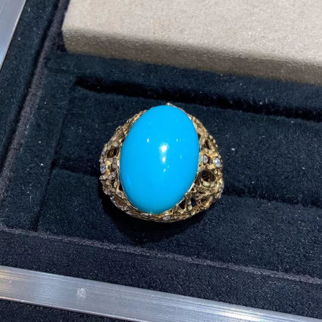 14k Gold 10.85 Ct Natural Blue Turquoise & Diamond Ring - 6