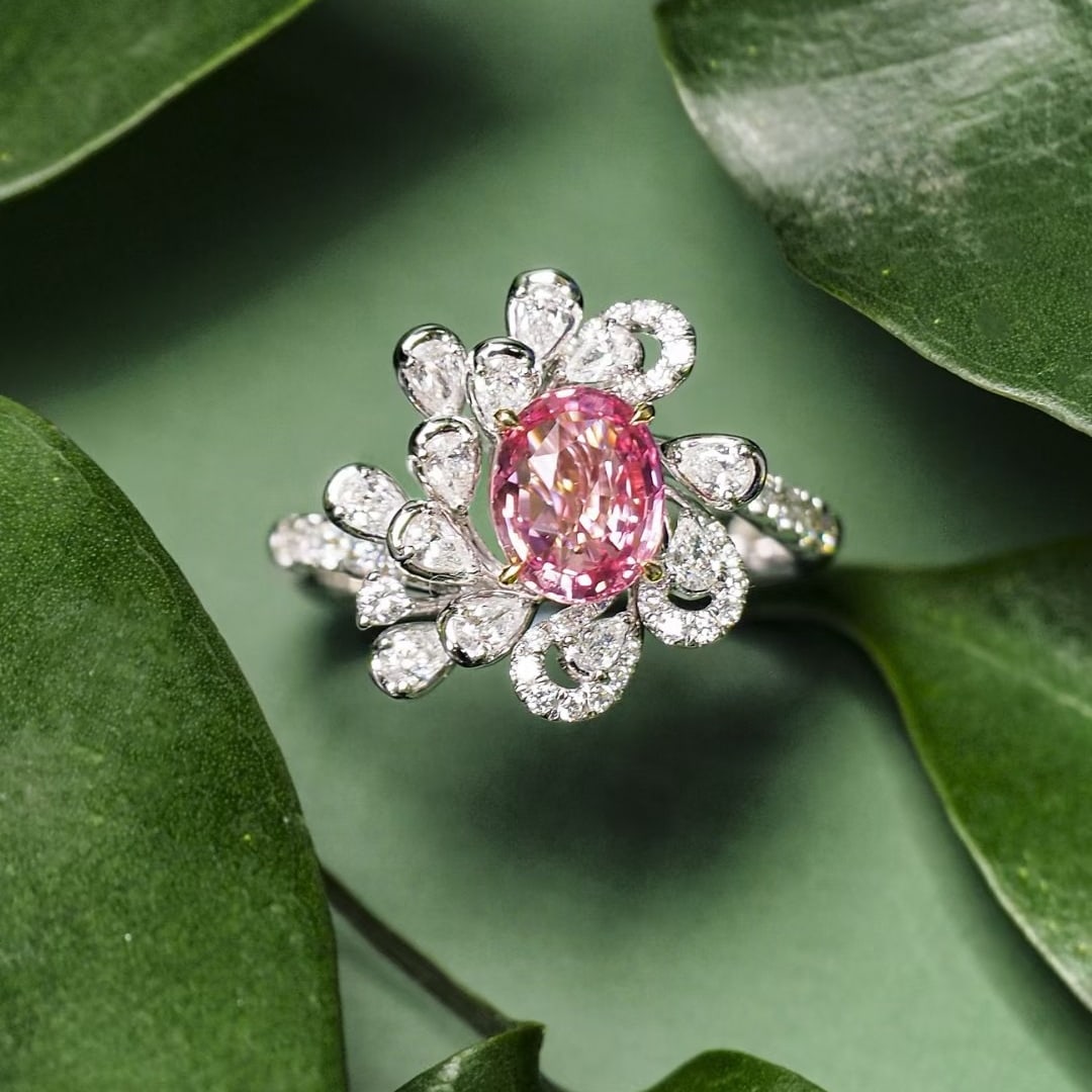 14k Gold 1.55 Ct Natural Padparadscha Sapphire & Diamond Ring - 2