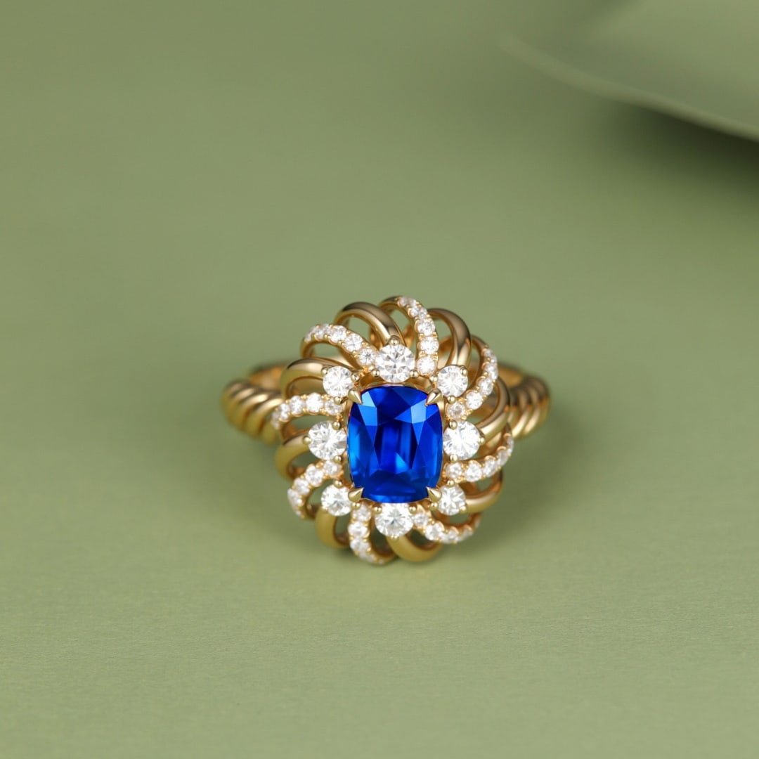 14k Gold 1.60 Ct Natural Sapphire & Diamond Ring: Ref:231094002 // gold content:14k gold // ring size:7. 25us // // main gemstone:sapphire // shape:cushion // carat weight:1. 60ct // color:royal blue // treatment:natural // // adjacent gemstone 2 :