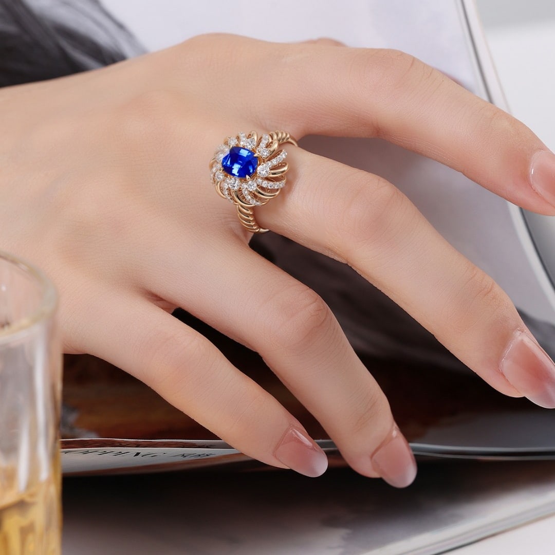 14k Gold 1.60 Ct Natural Sapphire & Diamond Ring - 4