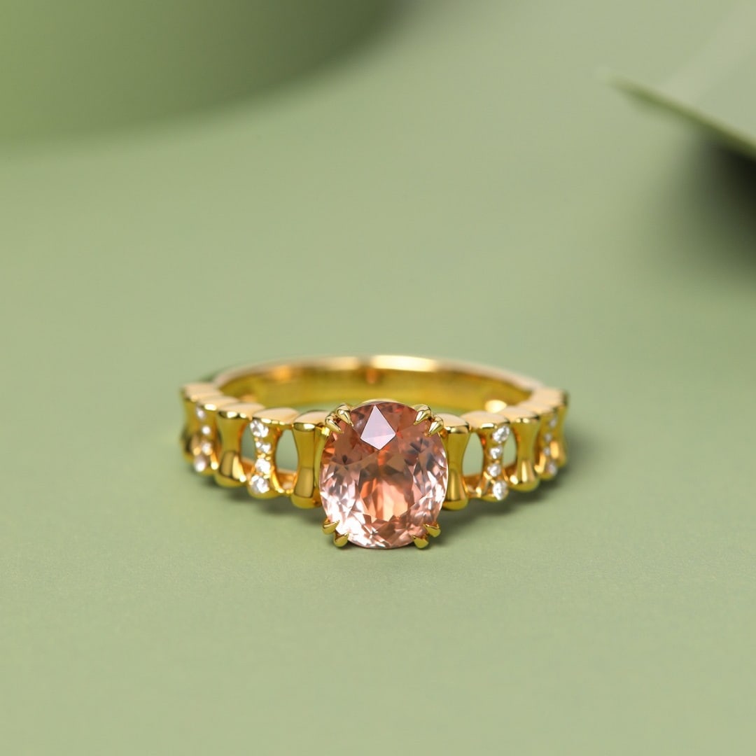 14k Gold 2.06 Ct Natural Padparadscha Sapphire & Diamond Ring: Ref:231094003 // gold content:14k gold // ring size:7. 25us // // main gemstone:padparadscha sapphire // shape:oval // carat weight:2. 06ct // color:orangish pink // treatment:natural // // adjacent g