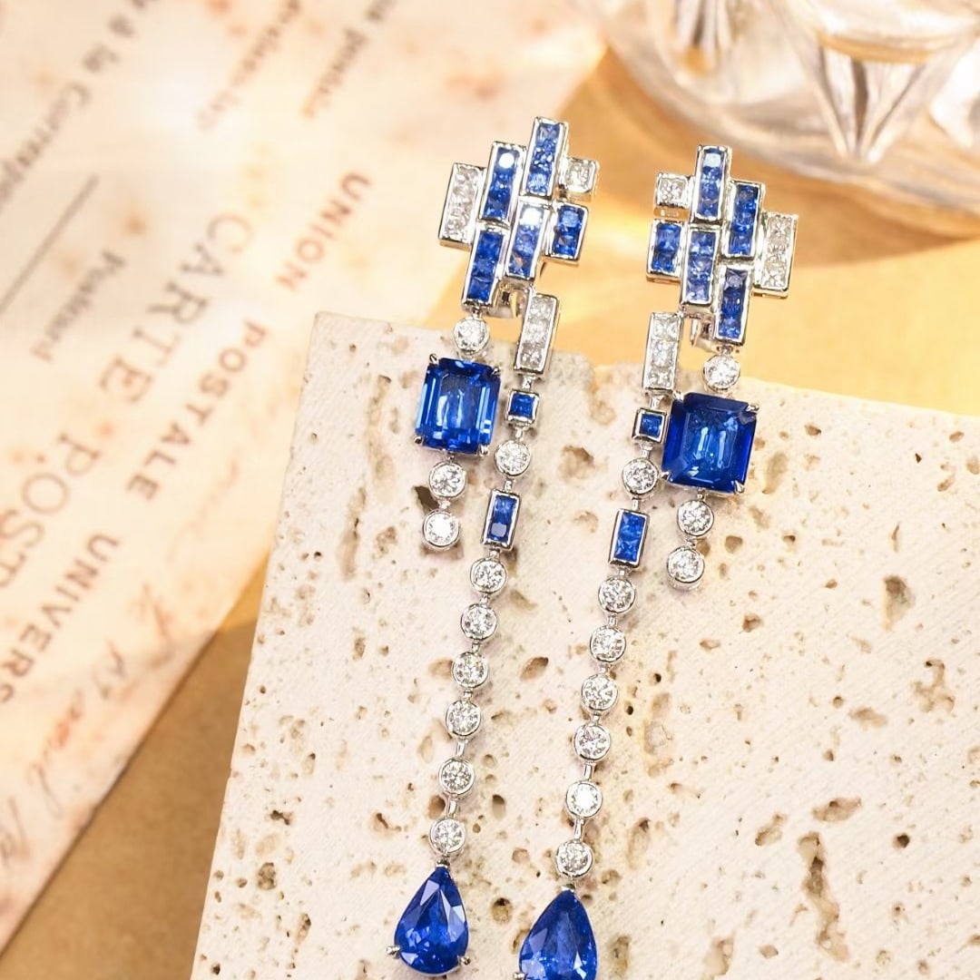 14k Gold 6.60 Ctw Natural Sapphire & Sapphire & Diamond Earrings: Ref:231094017 // gold content:14k gold // main gemstone:sapphire // shape:multiple // carat weight:4. 31ct // color:blue // treatment:natural // // adjacent gemstone 2 : sapphire & diamond //
