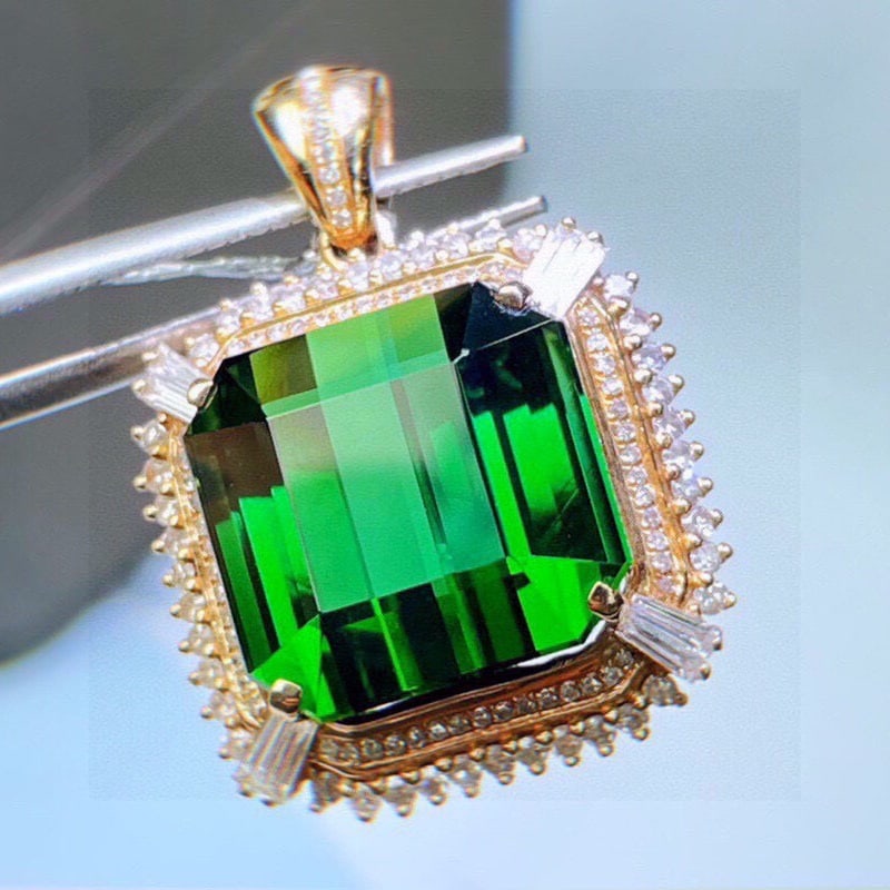 14k Gold 20 Ct Natural Tourmaline & Diamond Pendant( Without Chain ) - 2