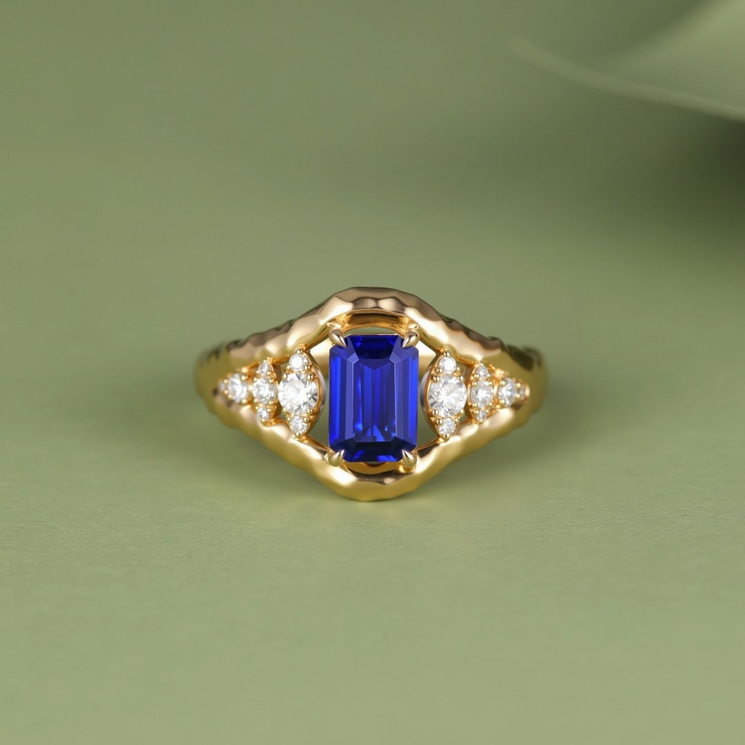 14k Gold 1 Ct Natural Sapphire & Diamond Ring: Ref:231094046 // gold content:14k gold // ring size:7. 25us // // main gemstone:sapphire // shape:octagonal // carat weight:1ct // color:royal blue // treatment:natural // // adjacent gemstone 2 : dia