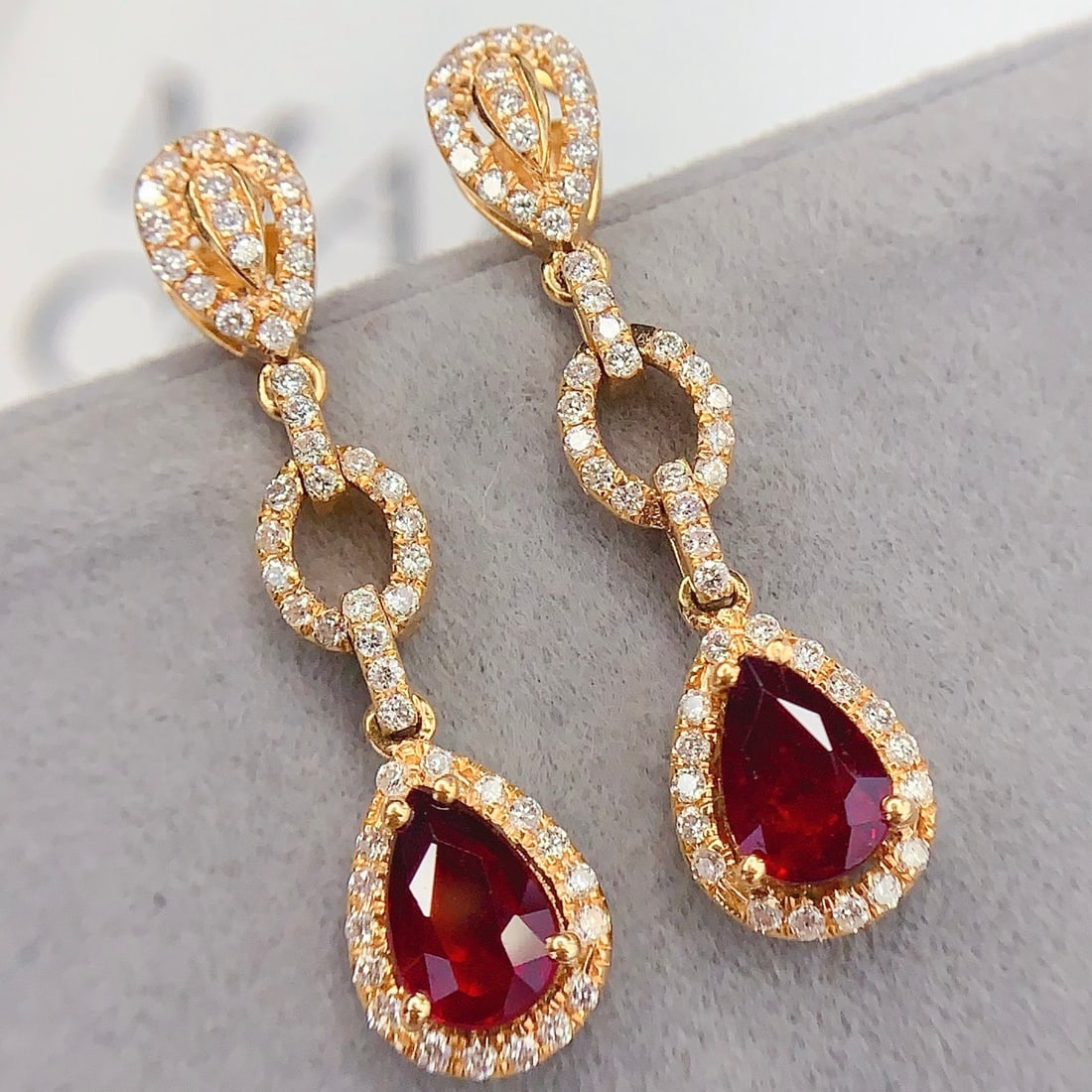 14k Gold 1.72 Ct Vivid Red Natural Ruby & Diamond & Sapphire Earrings - 2